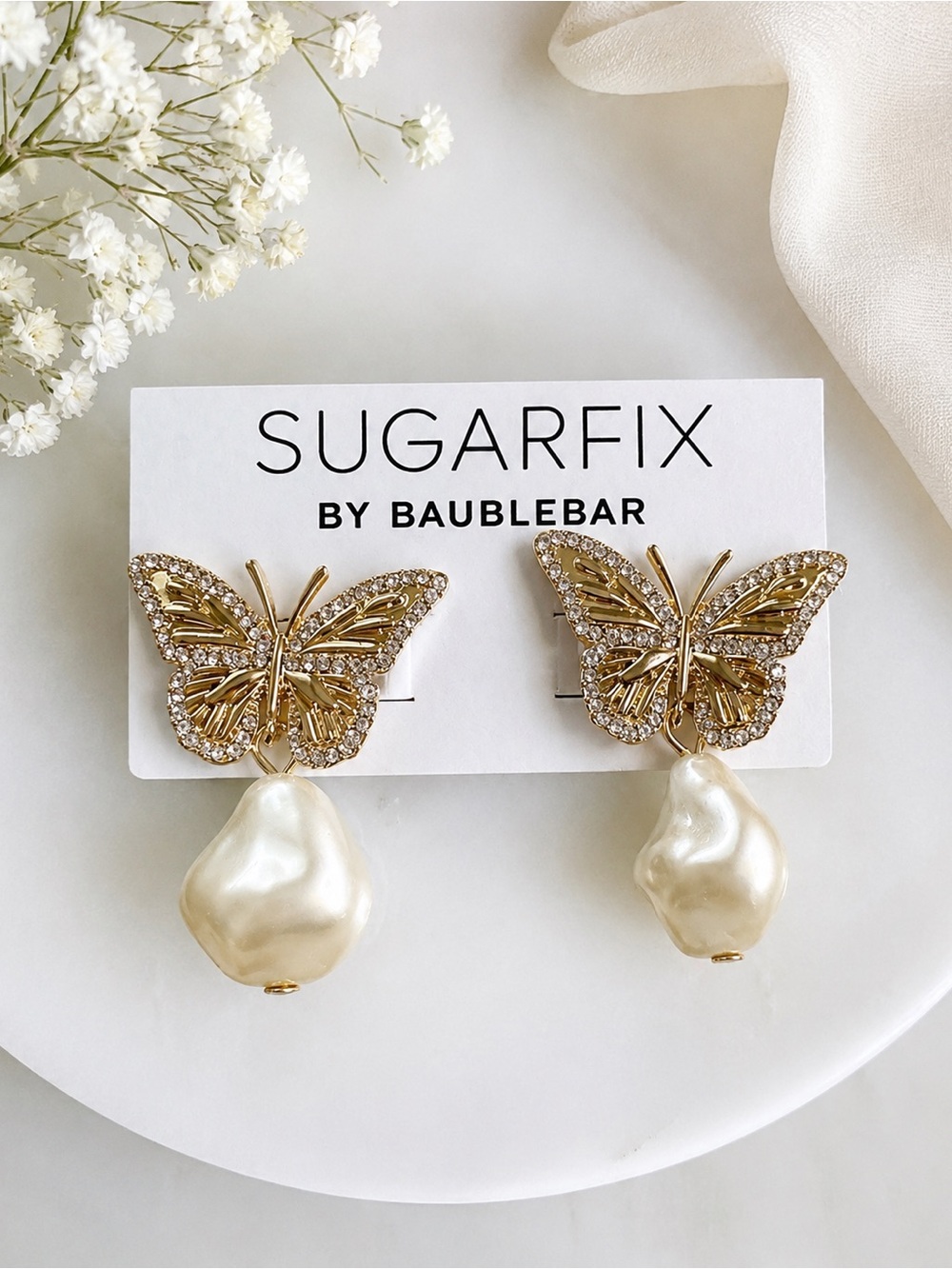 BaubleBar Gold Butterfly Earrings with Pearl Drop